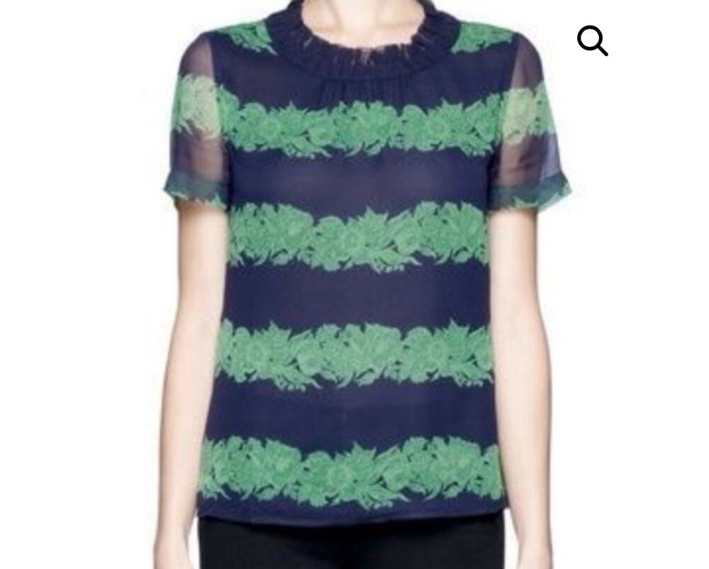 J Crew Navy and Green Silk Ruffle Trim Short Sleeve Blouse 00
